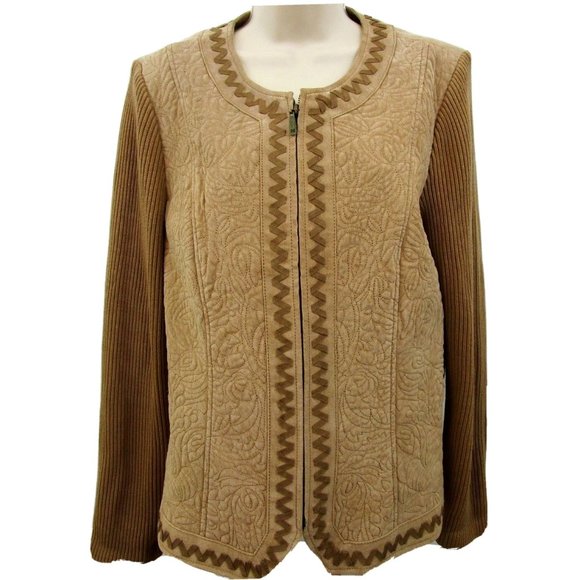 Peter Nygard Women's 100% Genuine Leather Knit Cardigan Jacket Size Large Brown - Picture 1 of 8